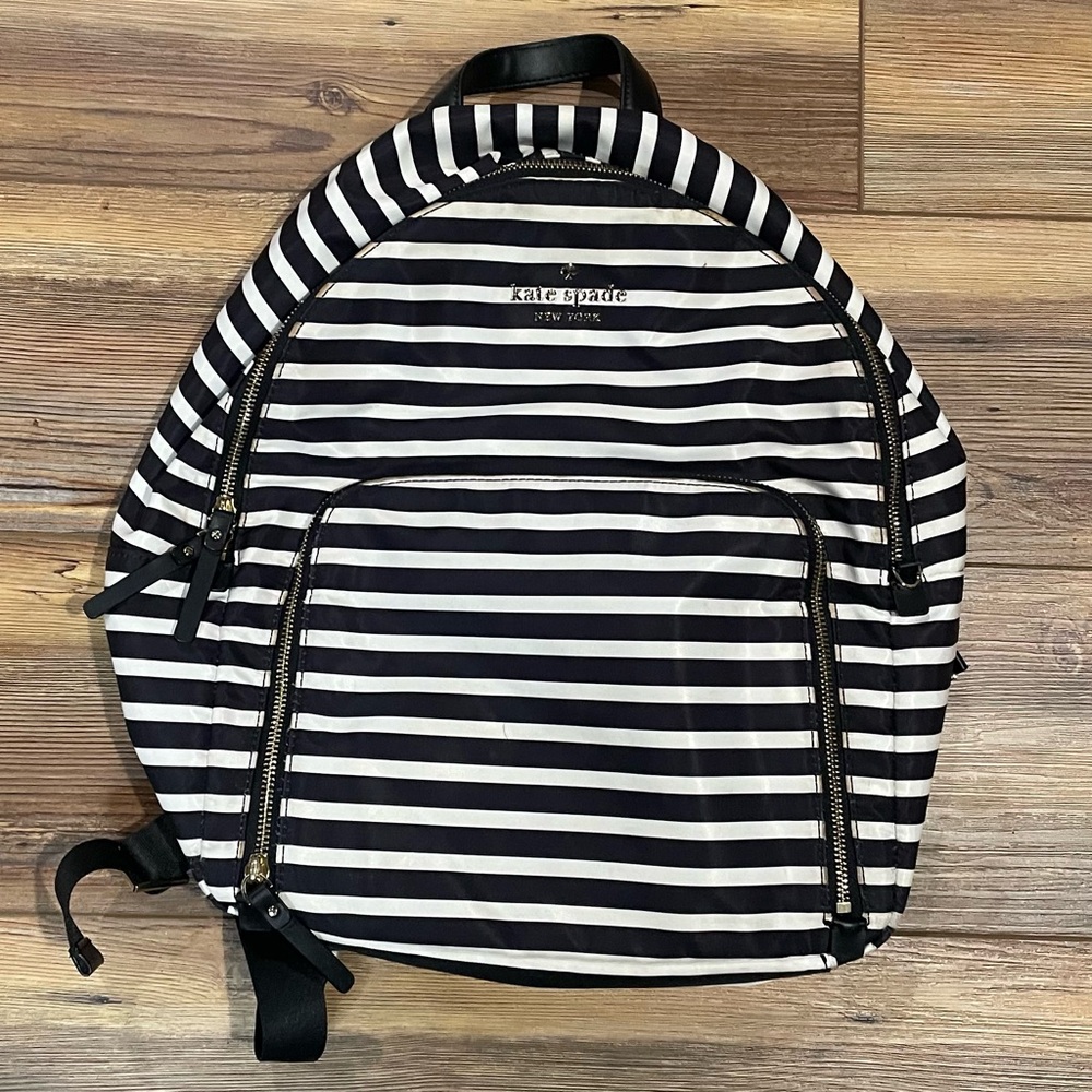 Kate Spade New York Watson Lane Hartley Nylon Backpack Black White Striped Gold
